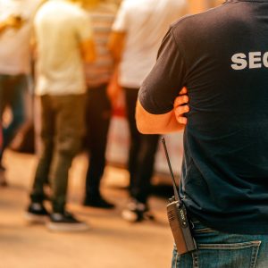 Security guard at live festivale event standing in front of the crowd